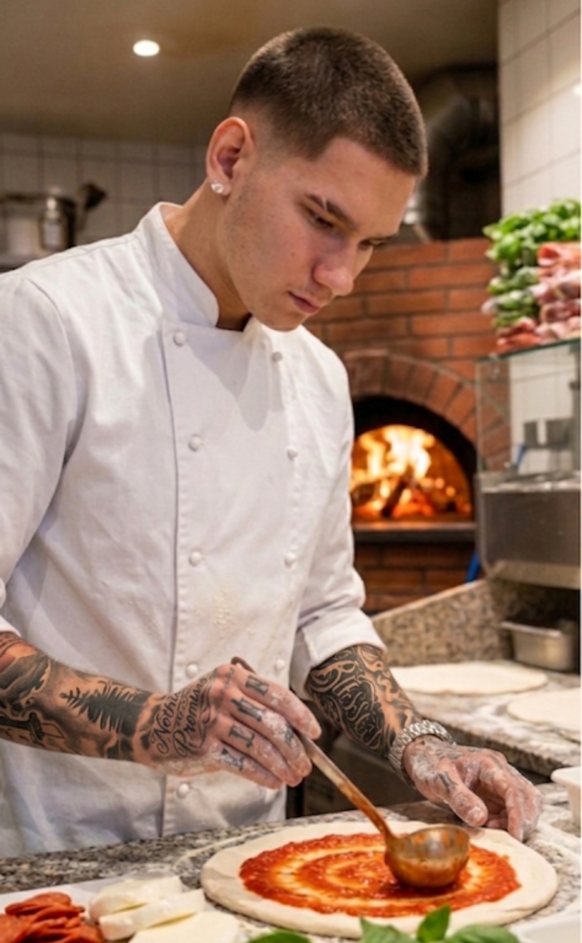 Kokki valkoisessa takissa levittää kastiketta pizzapohjalle tiiliuunin edessä, tatuoidut kädet näkyvät.